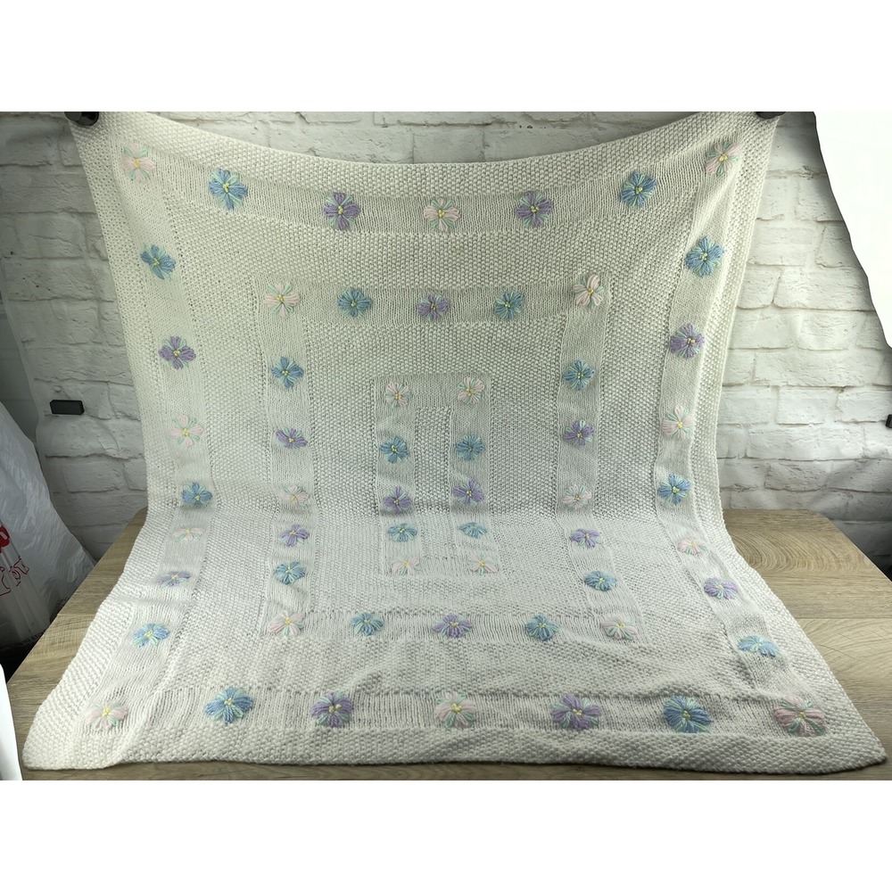 Knit Afghan Baby Security Blanket White w/ Pastel Flowers Floral Lovey 38"x47"